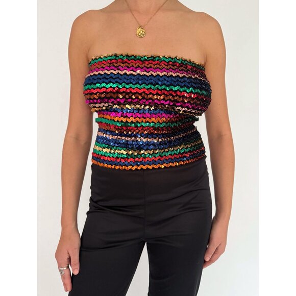 70s vintage black rainbow sequin disco festival strapless tube top pant jumpsuit - Picture 7 of 10